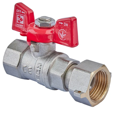KOER KR.222 - 3/4" FF Кран кульовий ГГМ з накидною гайкою, ручка "метелик"червона (40 шт/ящ,10шт/уп)