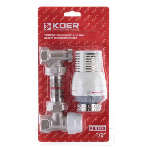 KOER KR.1320 - 1/2'' Комплект для підключення радіатора (кутовий) з термоголовкою (20 шт/ящ)