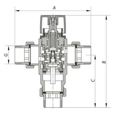 KOER 1258 - 3\4 Триходовий термостатичний клапан з нак. гайк.