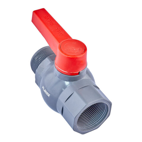 PLAMIX PVM - 2   FM Кран кульовий PVC, ручка "важіль" (grey+red) (40 шт/ящ, 5 шт/пакет)