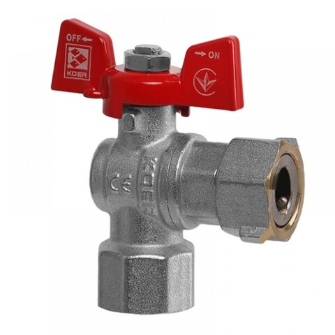KOER KR.223 - 1/2" FF Кран кульовий ГГМ з накидною гайкою КУТОВИЙ, ручка "метелик" червона(56 шт/ящ)