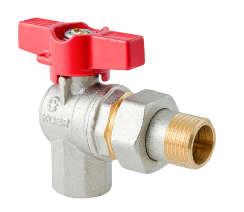 KOER EXTREME KE.228-15 - 1/2" Кран з американкою кутовий, ручка "метелик" червона(56 шт/ящ, 14шт/уп)