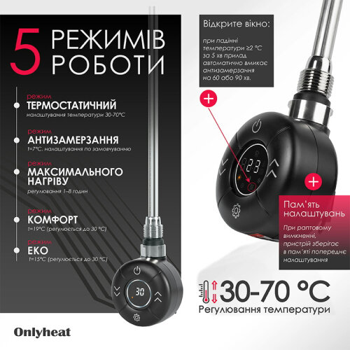 Тен до рушникосушки Onlyheat Amber Black Matte 0,9 кВт 1/2"  76 см (6/24 шт)