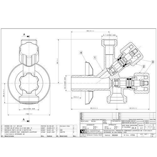 D902694  Кран подвійний кутовий для сантехприладів  ?1/2" х 1/2" х 3/4"  VA Albertoni srl