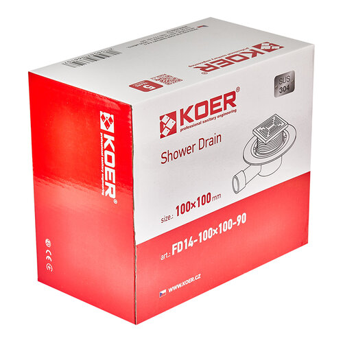 KOER FD14-100x100-90 Душовий трап з нержавіючої сталі SUS304 100x100мм, кутовий відвід (8 шт/ящ