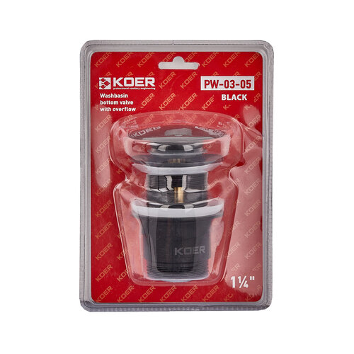 KOER PW-03-05 1 1/4''  Донний клапан для умивальника з переливом (кнопка) (Чорний)