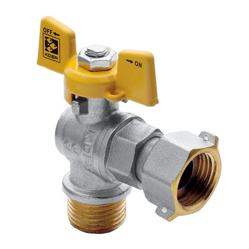 KOER KR.221.G - 1/2" FM Кран кул. ГШМ YELLOW з нак.гайкою КУТОВИЙ,р."метелик"жовта(56 шт/ящ,14шт/уп)
