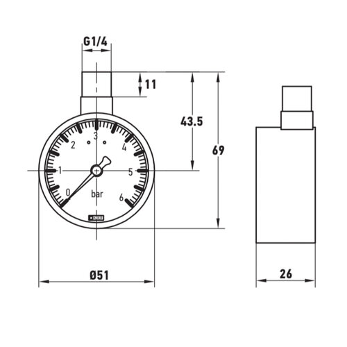 KOER KM.630R 1/4'' Манометр радіальний (D=50мм 0-6 bar, різьба зверху корпусу)
