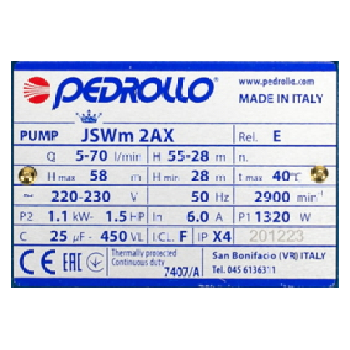 Таблички на насос PEDROLLO 2АХ - 1,1 кВт