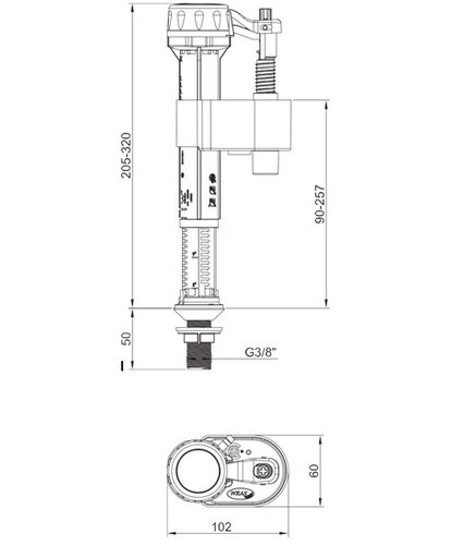 KOER KT-0103-3/8" Арматура НАПОВНЮВАЛЬНА з НИЖНІМ підвед. та латун. різьбленням 3/8" (50 шт/ящ)
