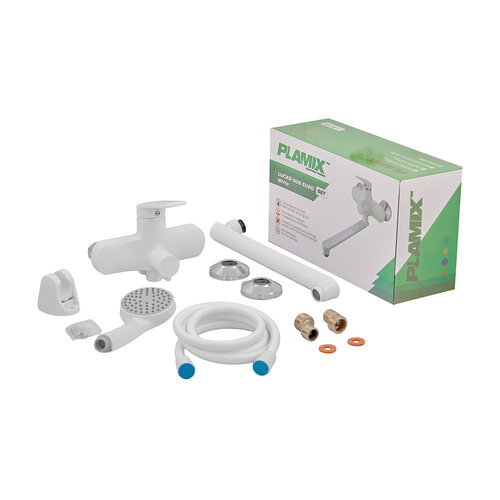 PLAMIX LUCAS-006 EURO SET WHITE Змішувач для ванни (з шлангом, лійкою та кронштейном) (24 шт/ящ)