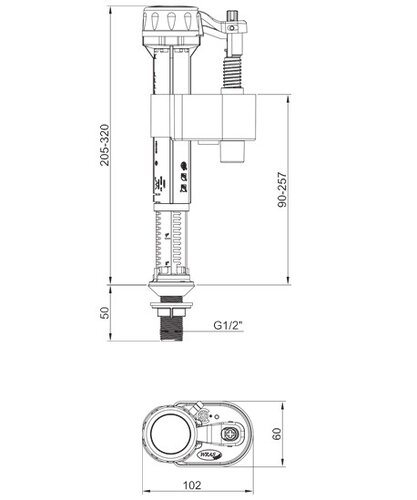 KOER KT-0104-1/2" Арматура НАПОВНЮВАЛЬНА з НИЖНІМ підвед. та пласт. різьбленням 1/2" (50 шт/ящ)