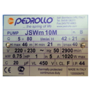 Таблички на насос PEDROLLO 10МХ - 0,75 кВт